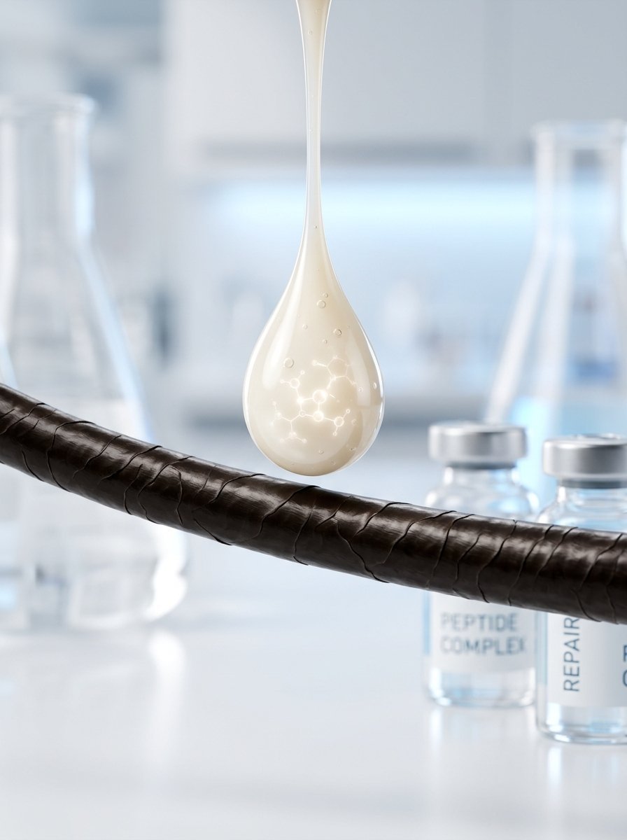 A viscous droplet of peptide treatment hovering above a single strand of dark hair in a laboratory setting.