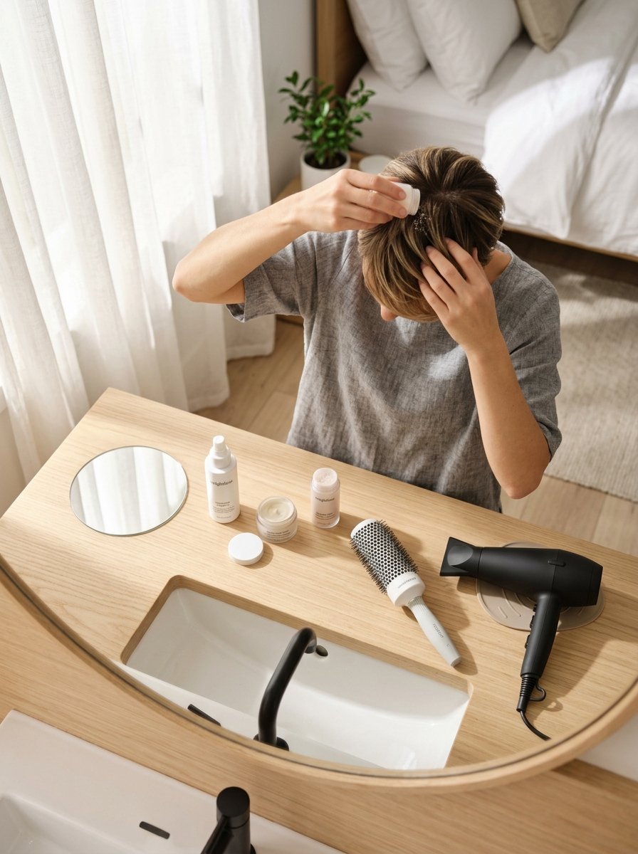 High angle view of a person putting styling powder into their hair surrounded by beauty products and a hairdryer.