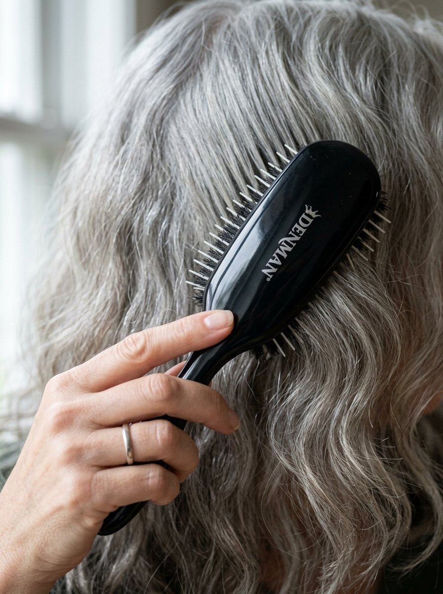 Close-up of a hand holding a black hairbrush while styling natural grey, wavy locks of hair.