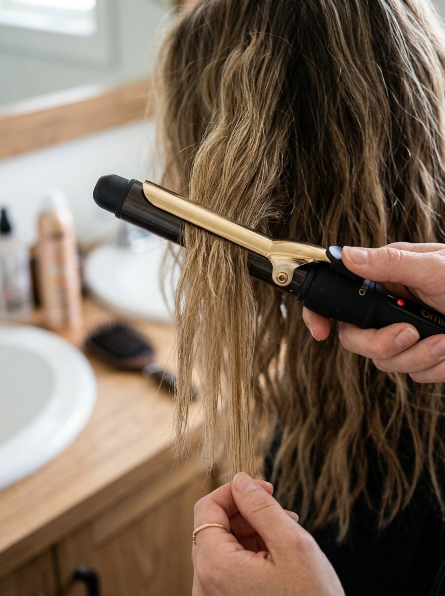 Close-up of hands using a professional gold and black curling iron to style long wavy hair in a bathroom.