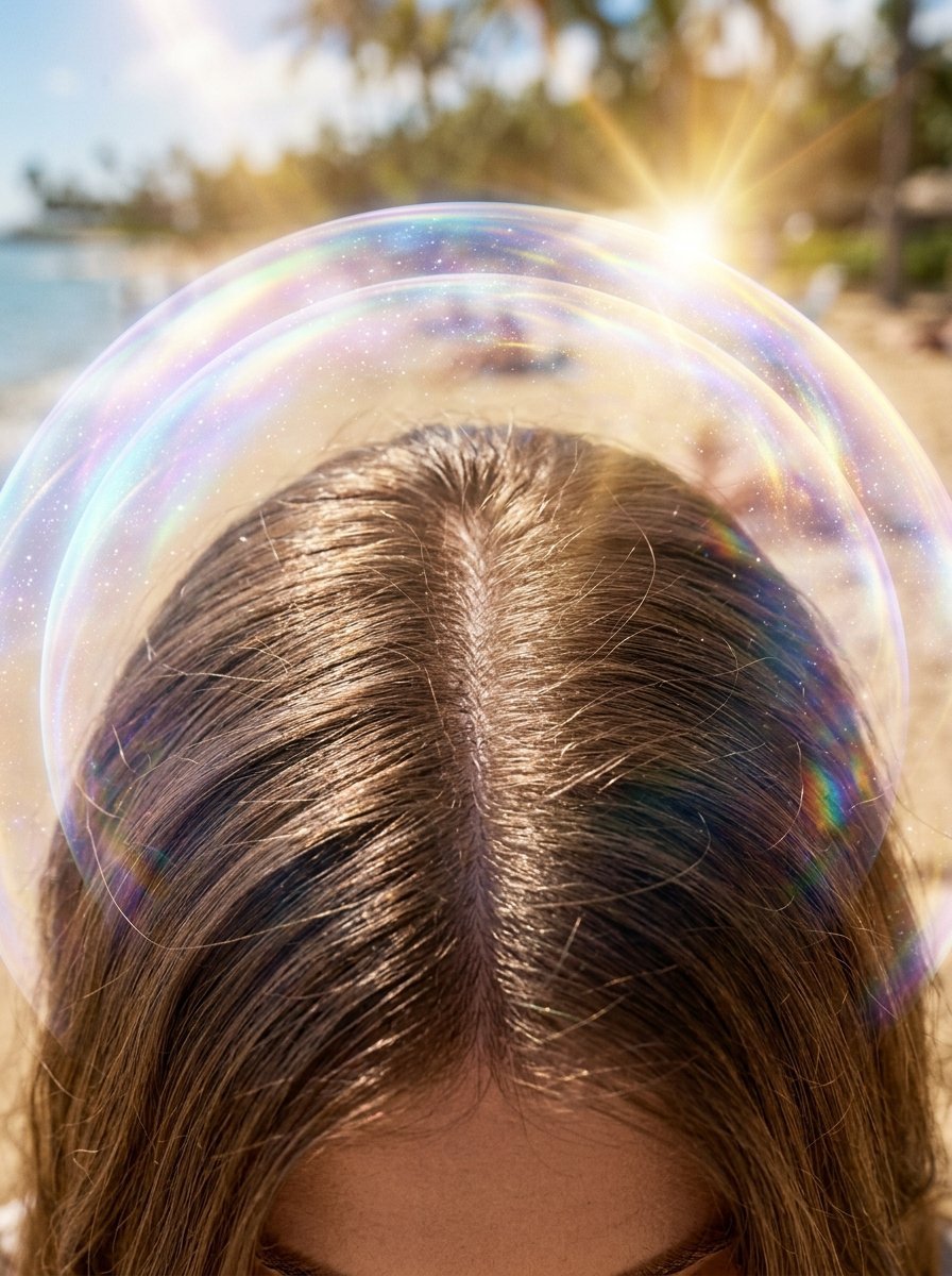 A giant iridescent bubble arches over a person's hair on a sunny beach.