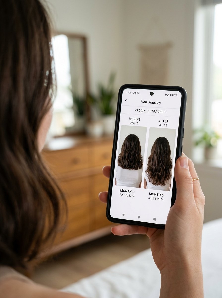 A person holding a smartphone displaying a six-month hair progress tracker with before and after photos.