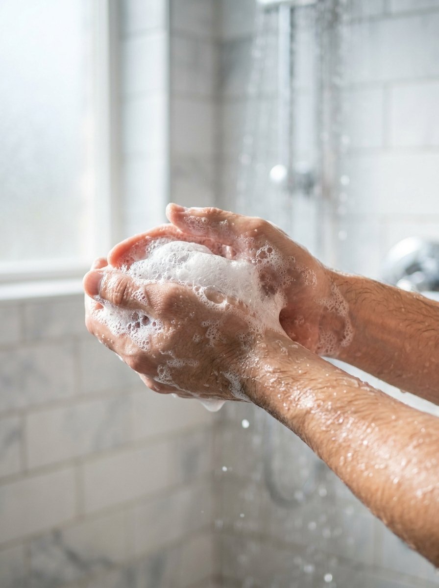 Close-up of hands cupped together and covered in bubbly soap suds inside a shower stall.