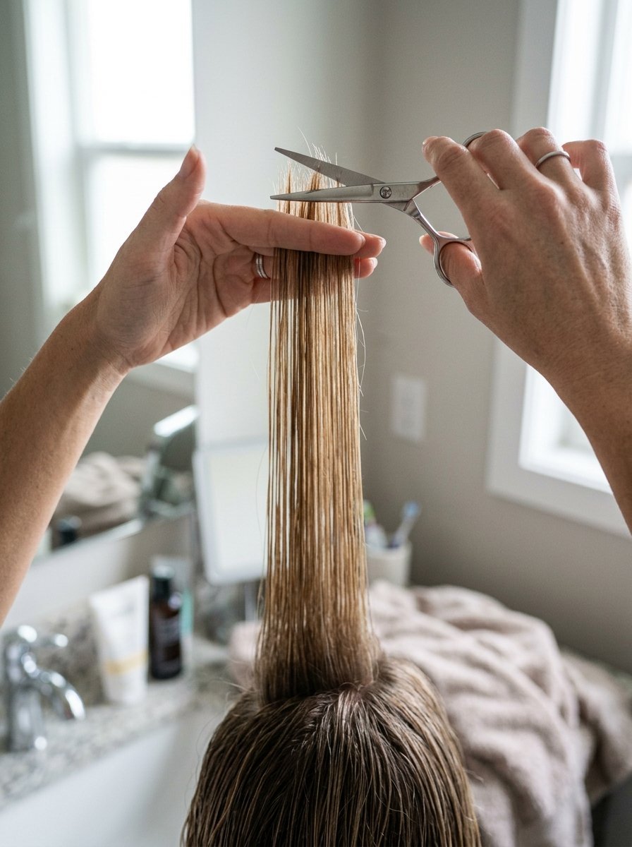 Close up of hands using small scissors to cut a section of wet brown hair in a bathroom.