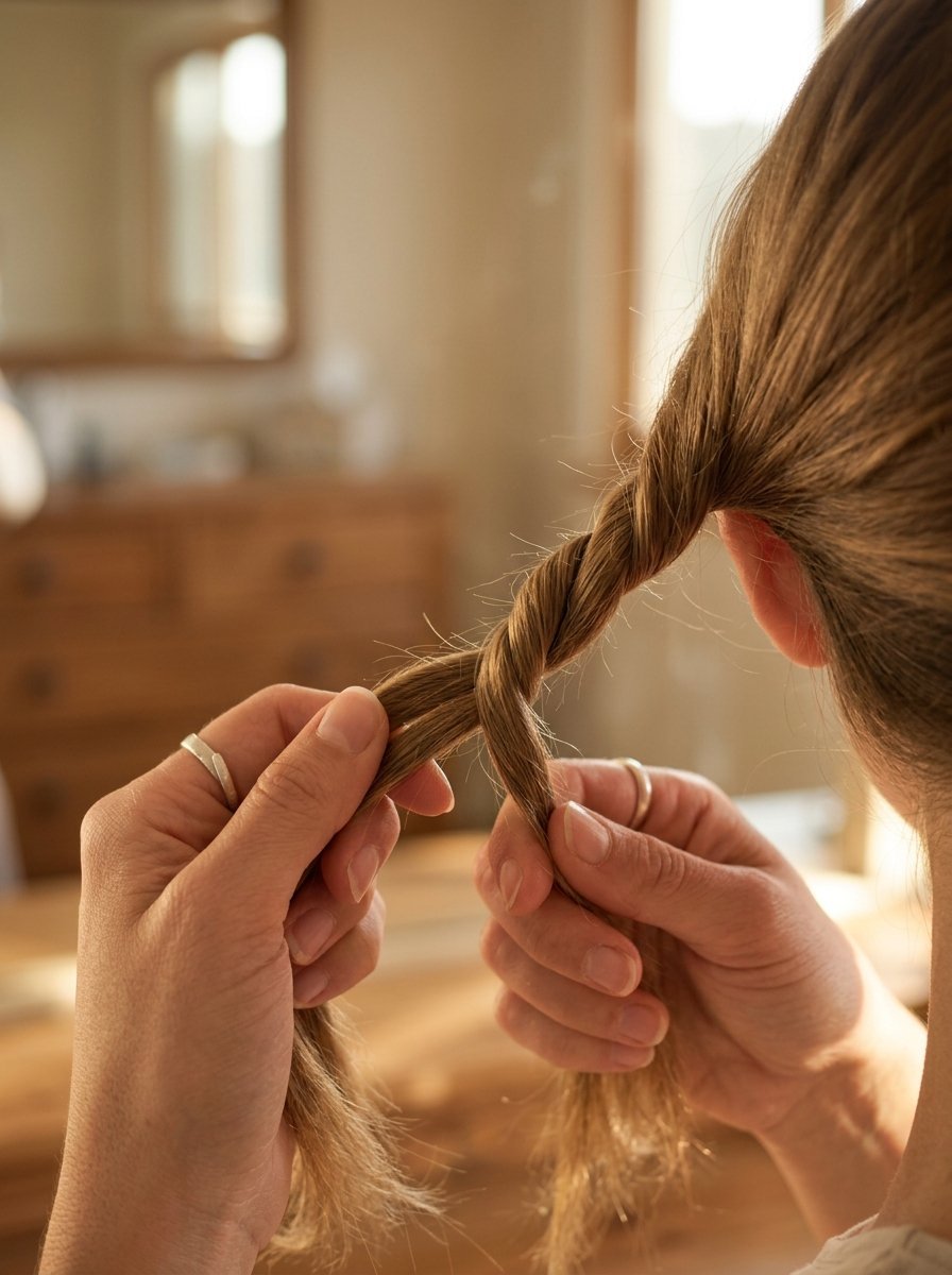 Close-up of two hands with rings twisting sections of natural brown hair in a bright room.