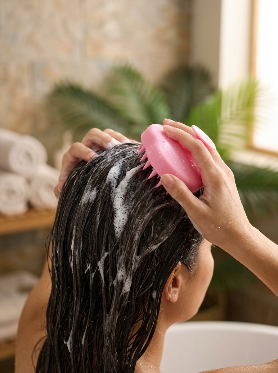Close up of hands using a pink round scalp massager on wet hair covered in white shampoo foam.