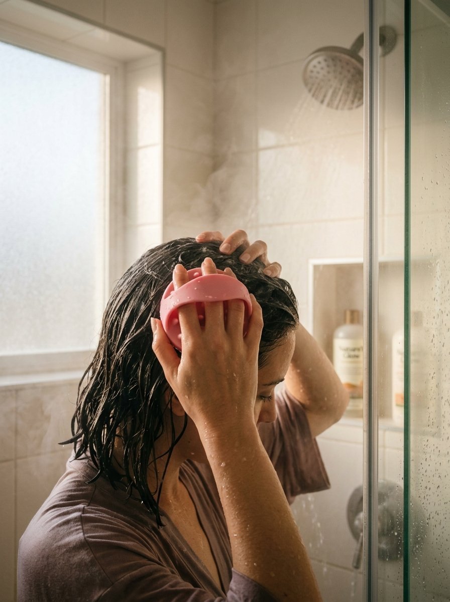 Close up of a person in a steamy shower using a round pink tool to scrub their damp hair.