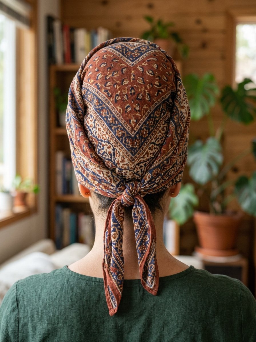 Close up view of the back of a woman's head wrapped in a rust and blue floral patterned fabric bandana.