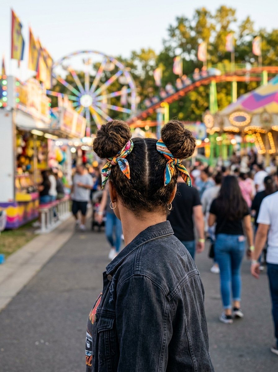 Close up rear view of a girl with double hair buns tied with colorful silk scarves at a crowded amusement park.