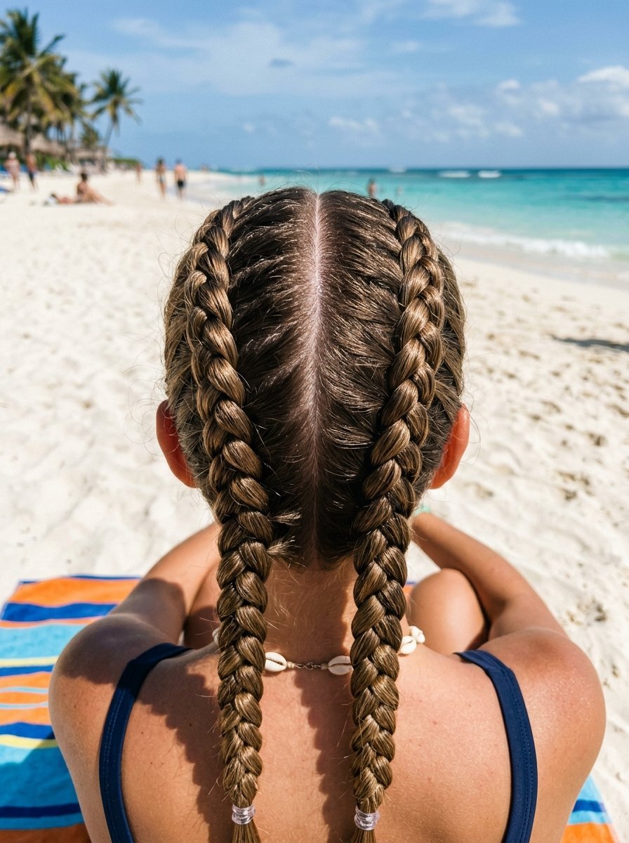 Close-up back view of a person with tight French braids wearing a seashell necklace on a bright sunny coastline.