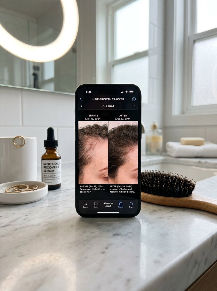 A phone in a bathroom showing a side-by-side comparison of a hairline before and after using recovery serum.