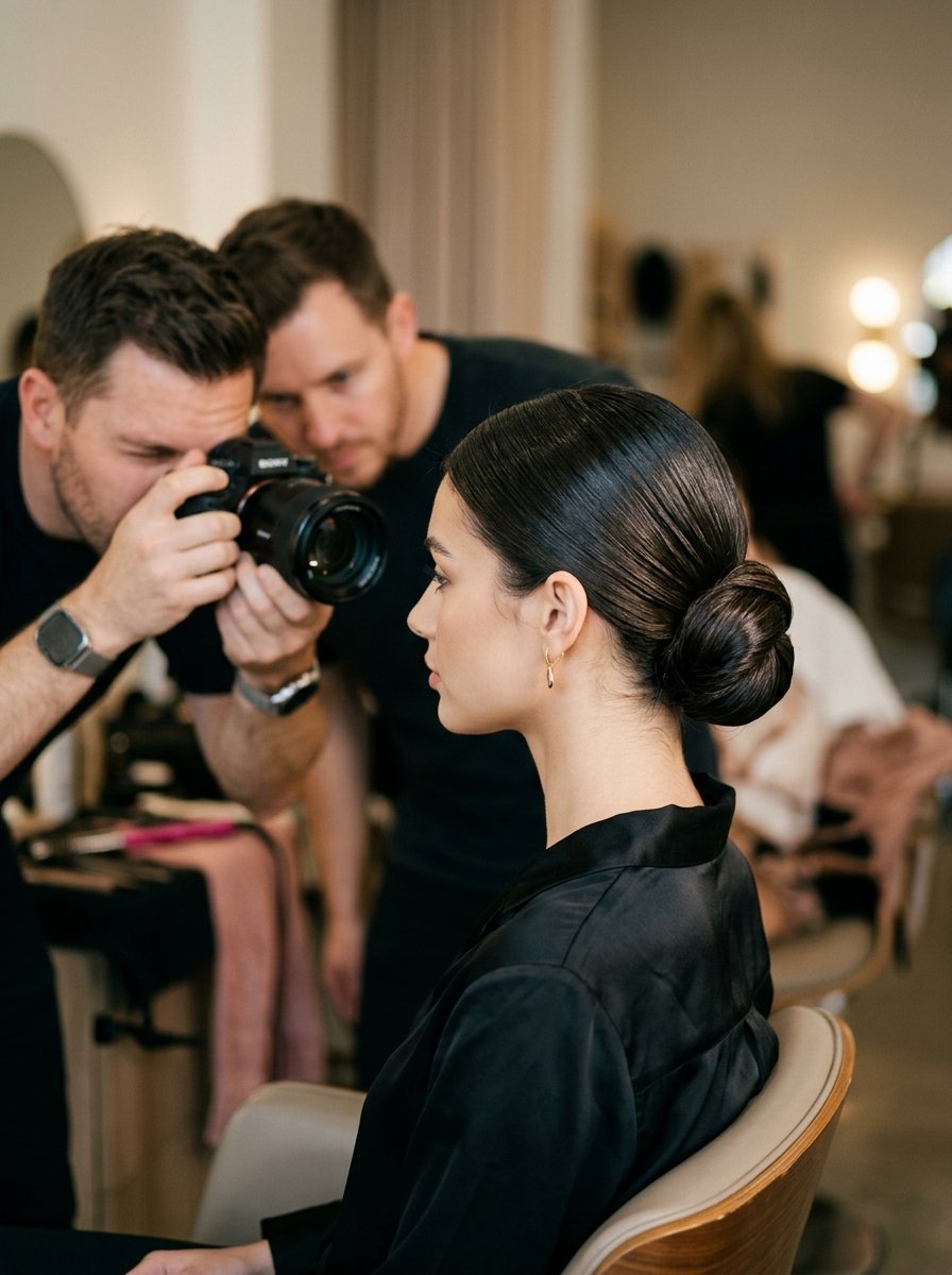 Close-up profile of a woman with a sleek hair bun being photographed in a studio setting.