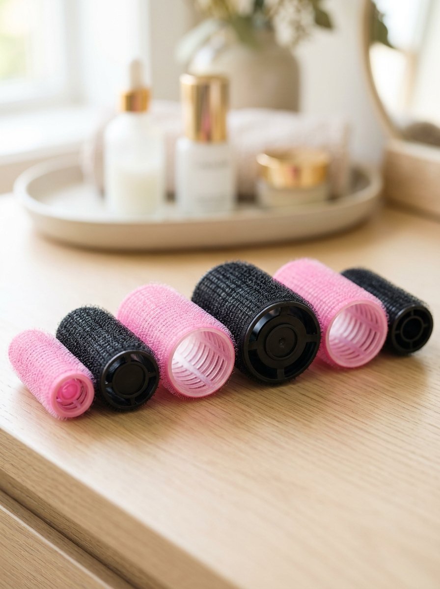 Close up of six velcro hair styling rollers of different sizes arranged in a line on a light wooden vanity table.