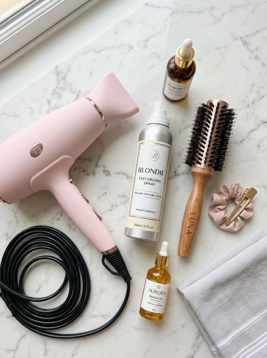 Pink hairdryer, hairspray, brushes, hair oil, and a scrunchie laid out on a marble surface.
