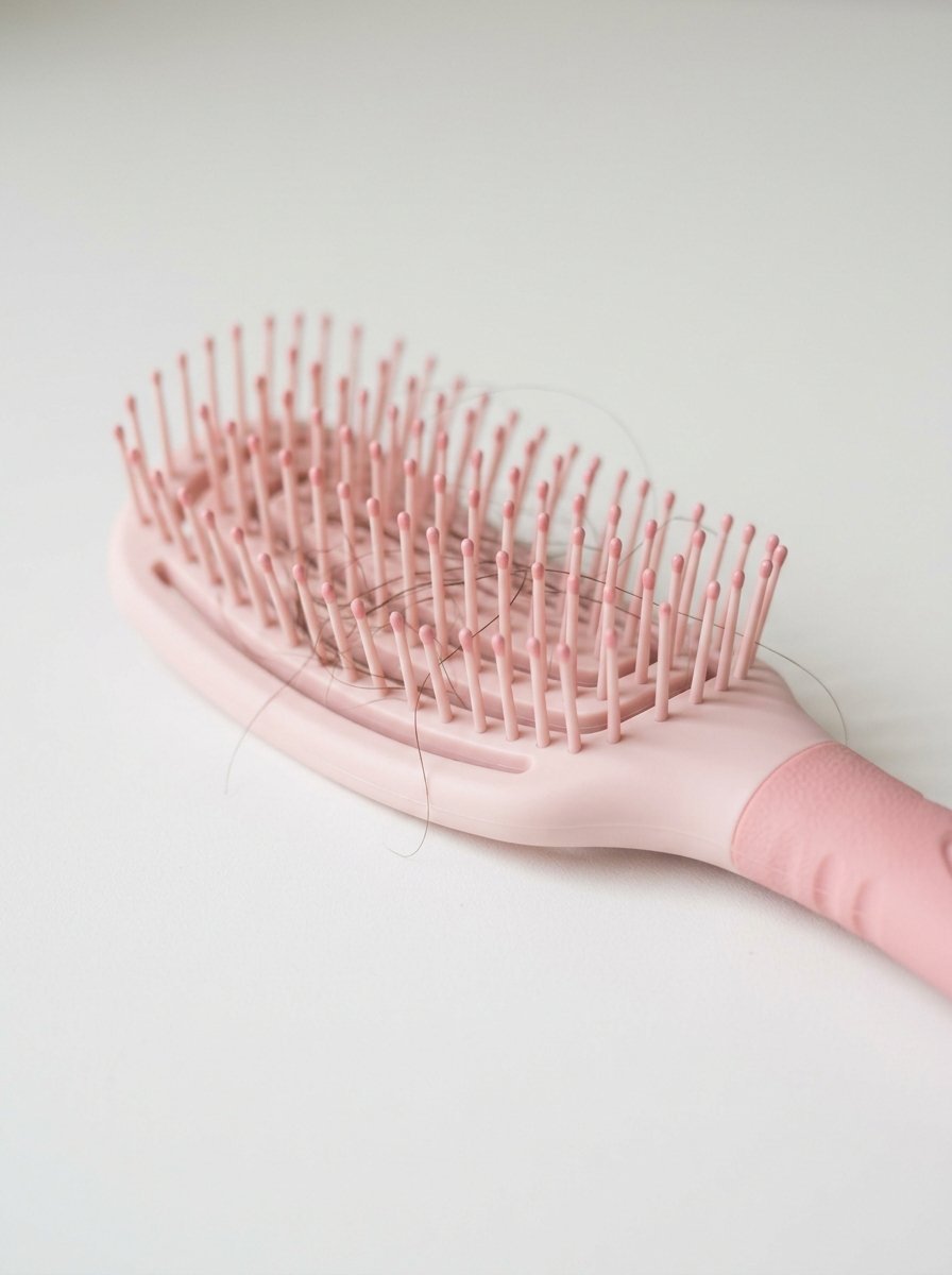 Close-up of a matte pink paddle brush with several dark hair strands tangled in the plastic bristles.
