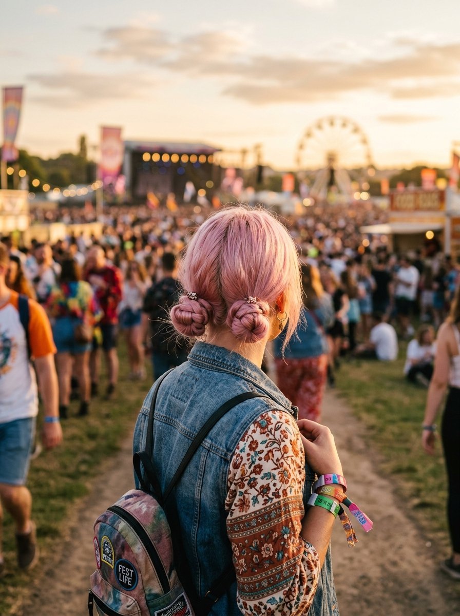 Person with pastel pink hair and a backpack walking through a crowded outdoor music festival at sunset.