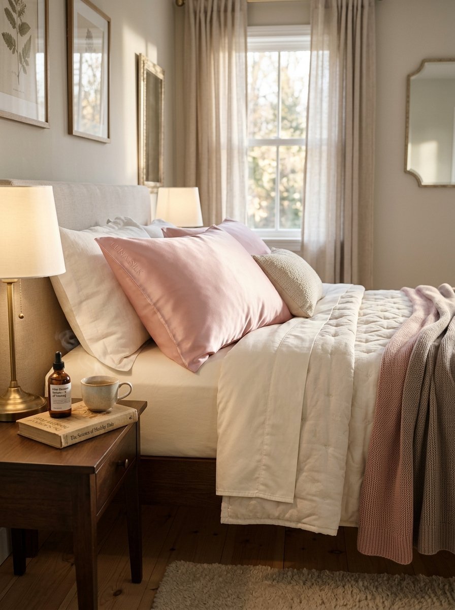 Close up of a bed with pink silk pillows, cream quilt, and a wooden nightstand with a lamp and book.