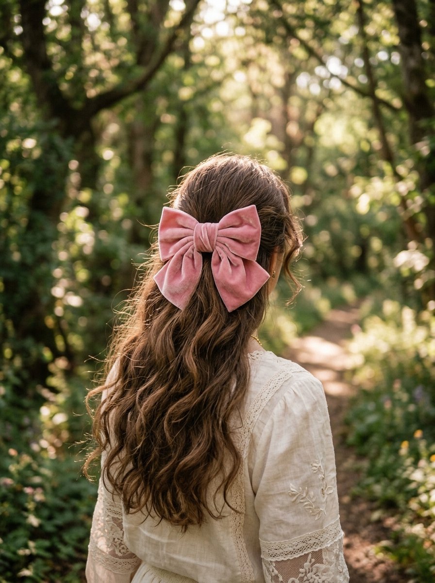 A person with wavy brown hair wearing a large dusty pink velvet bow standing on a forest trail.