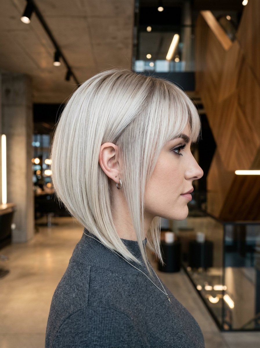 A woman with a straight, chin-length blonde bob with bangs, viewed from the side.