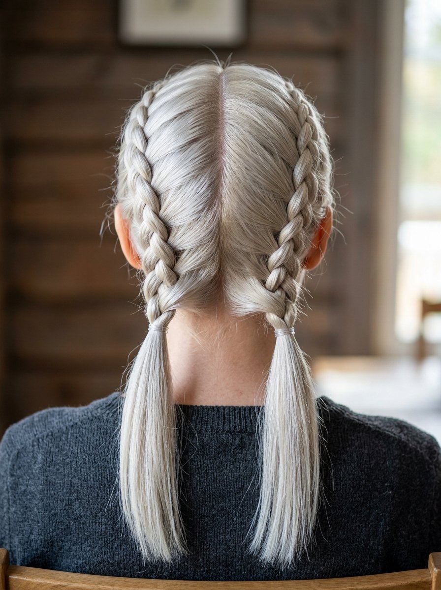 Back view of a person with icy blonde hair styled into two symmetrical dutch braids.