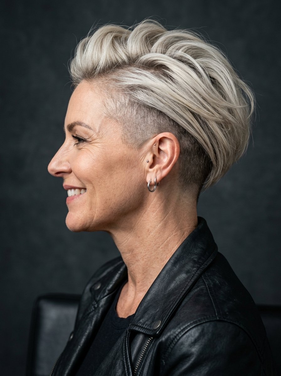Close-up profile of a woman featuring short, textured platinum hair with a shaved side and silver hoop earrings.