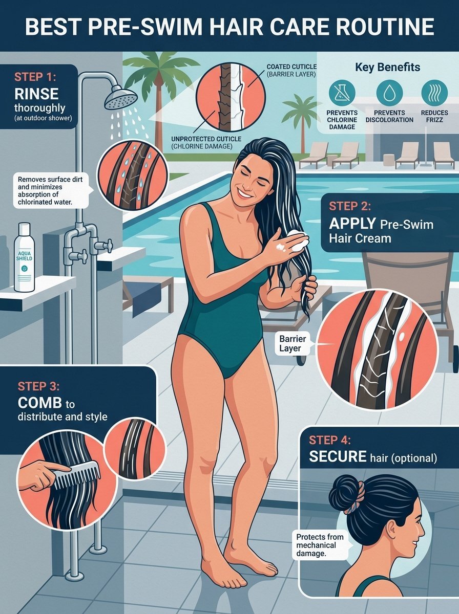 An illustration showing four steps to protect hair from chlorine damage before swimming at a pool.