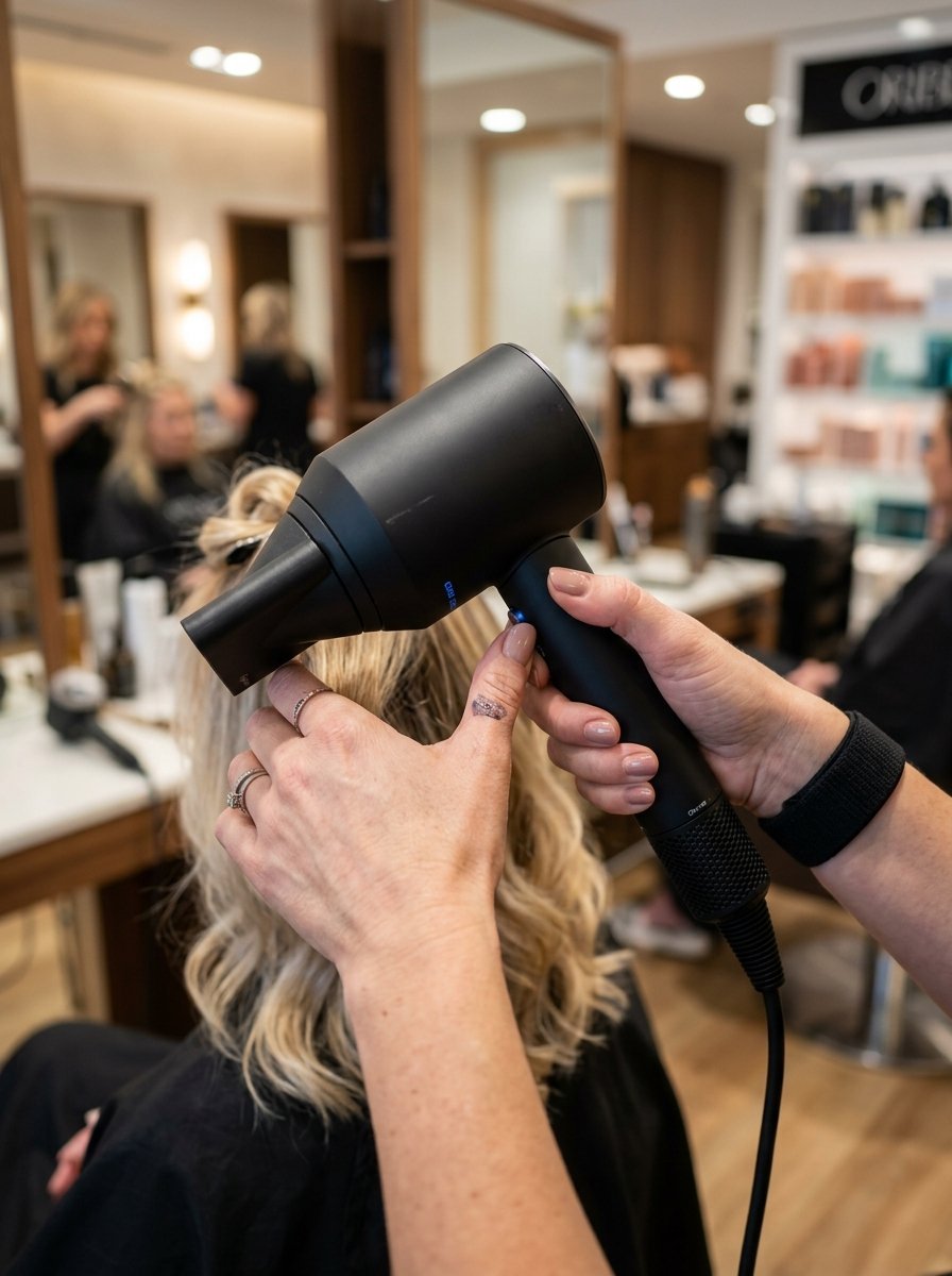 Close-up of a hands holding a black hair dryer to style a client's blonde wavy hair in a salon.