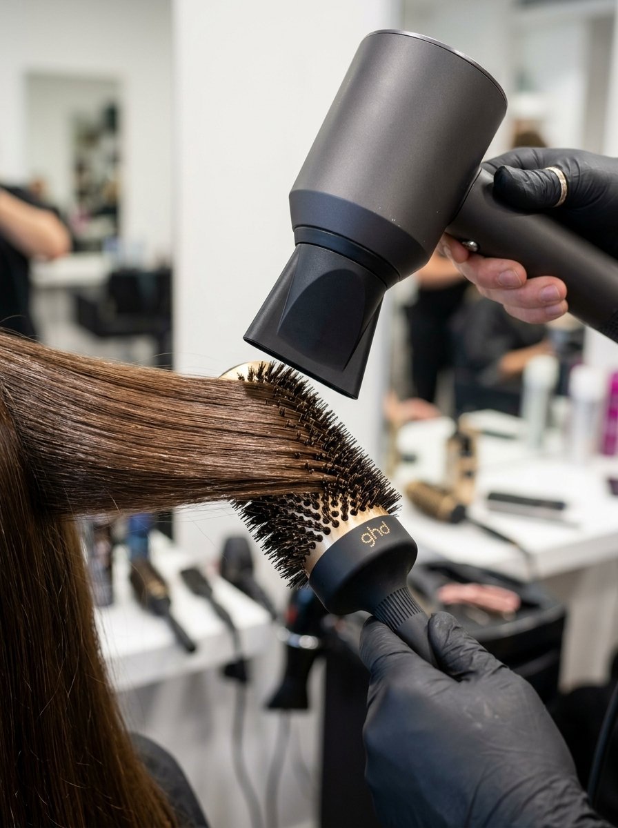 Close-up of a hairstylist in black gloves blow-drying a client's long brown hair with a round brush.