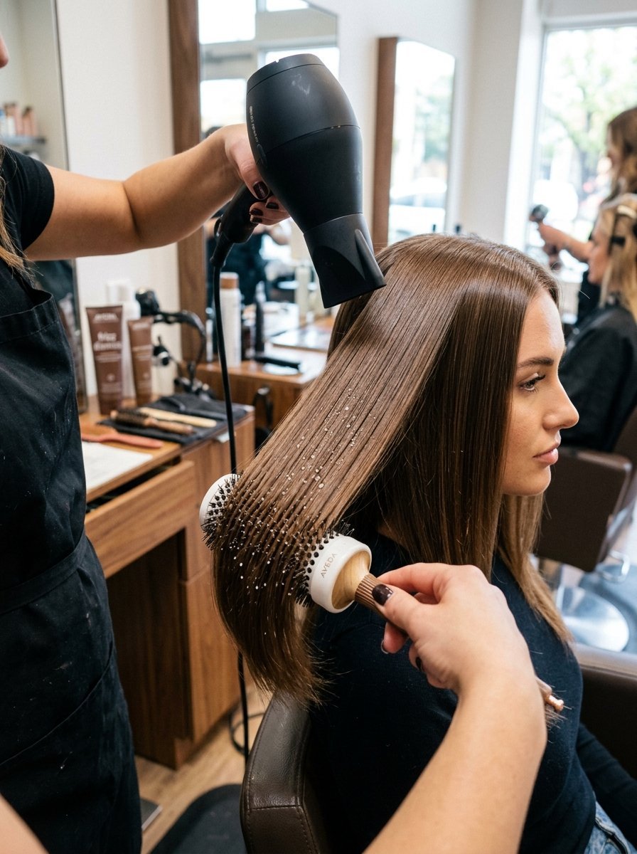 Hairdresser using a black dryer and round brush to smooth a client's long brown hair in a salon.