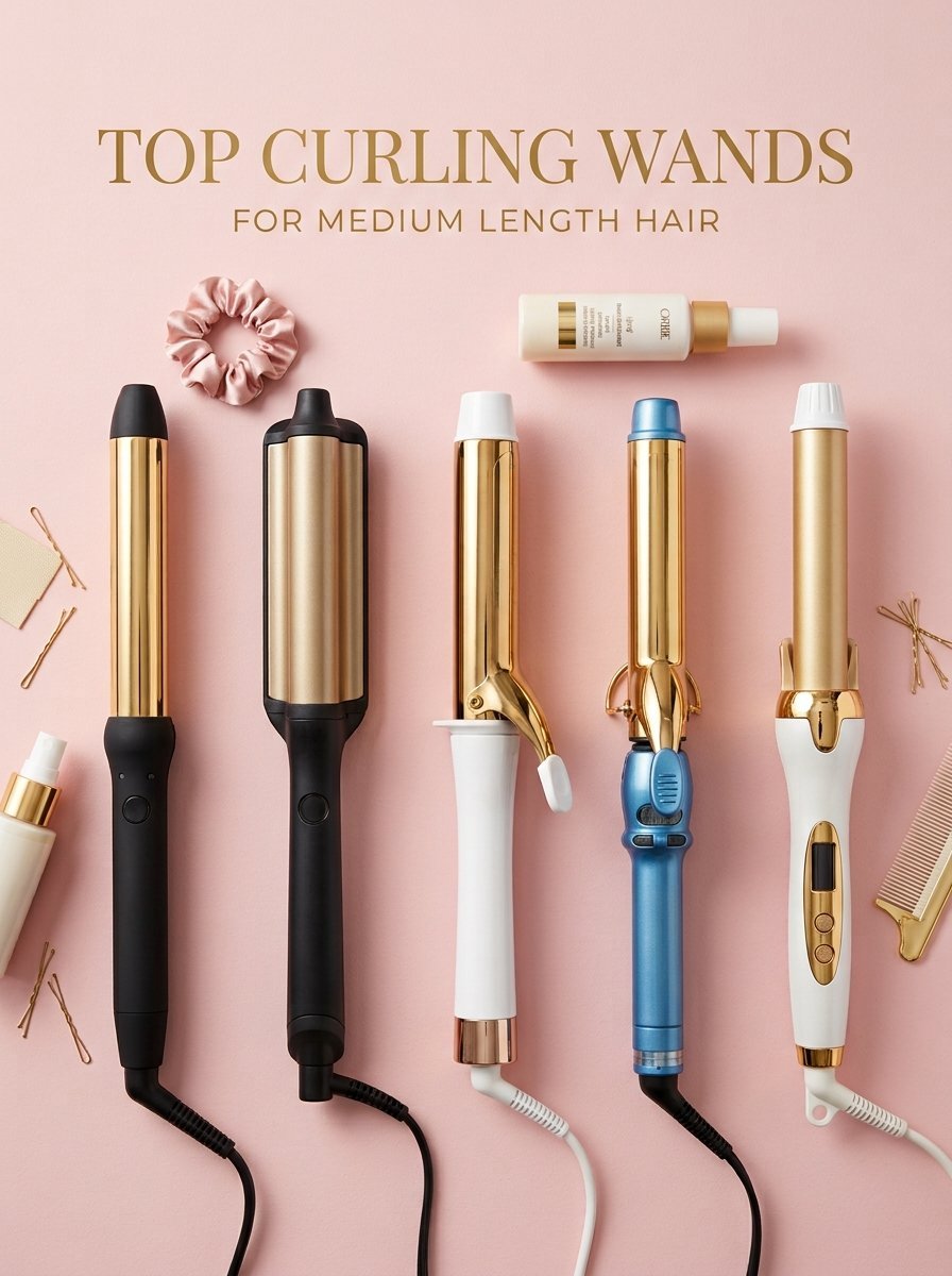 Five different electric hair curling irons and styling wands laid out with accessories on a soft pink surface.