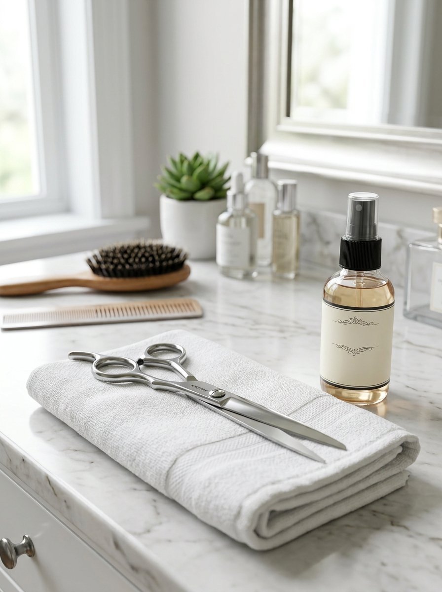 Close-up of hair styling scissors placed on a white bathroom hand towel on a marble countertop.