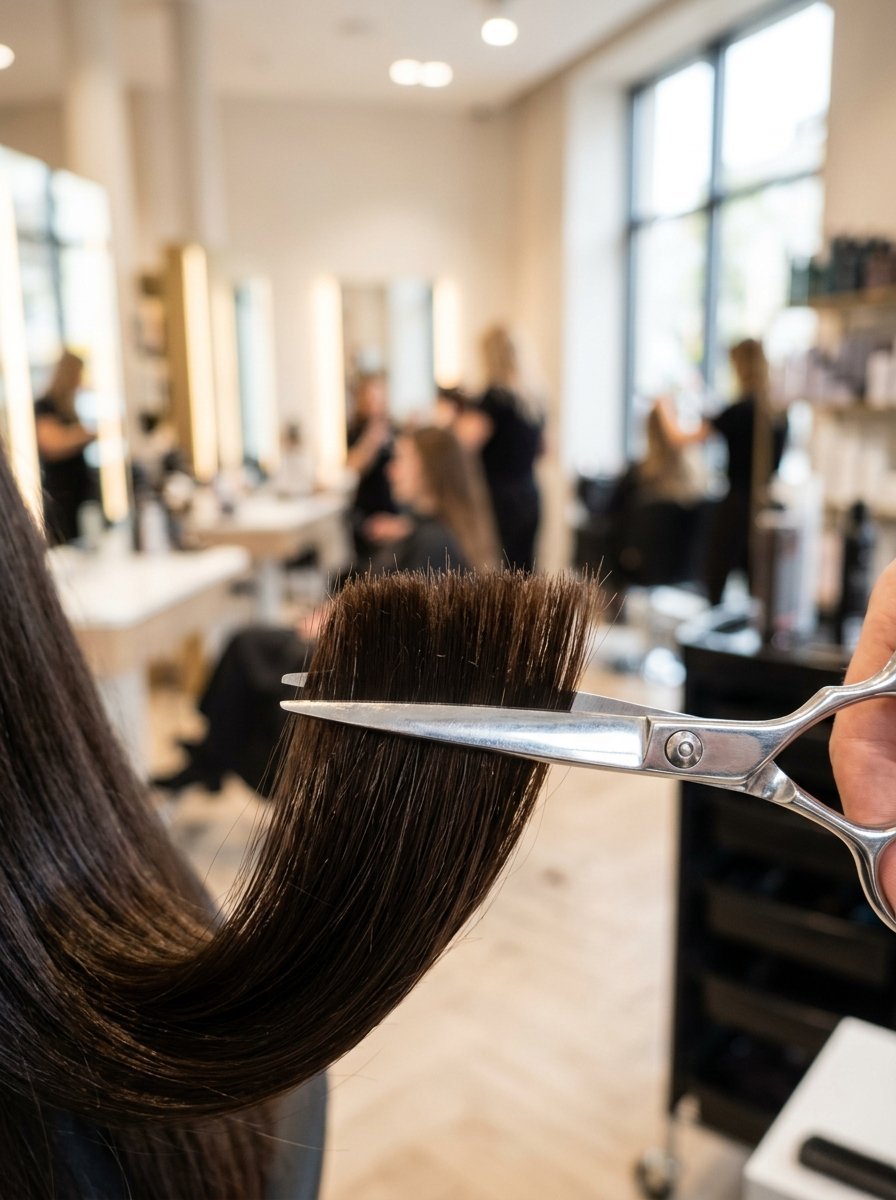 Close up of metal scissors cutting a section of long dark brown hair in a blurry modern hair salon.