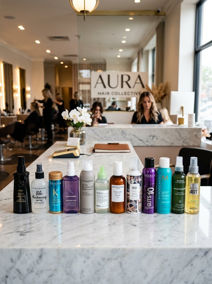 Row of various hair styling spray and cream bottles on a white marble salon reception desk at Aura Hair Collective.