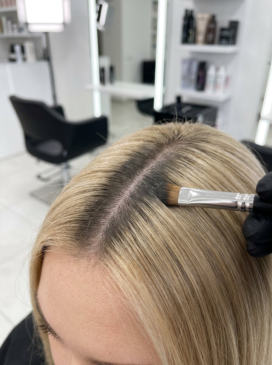 Close up of a hand in a black glove using a brush to apply hair color to dark roots on blonde hair.