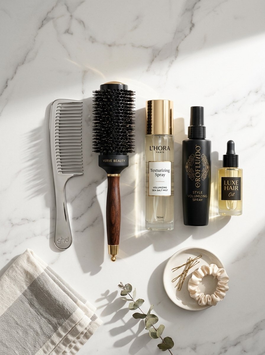 Collection of hair brushes, spray bottles, oil, and accessories on a white marble surface.
