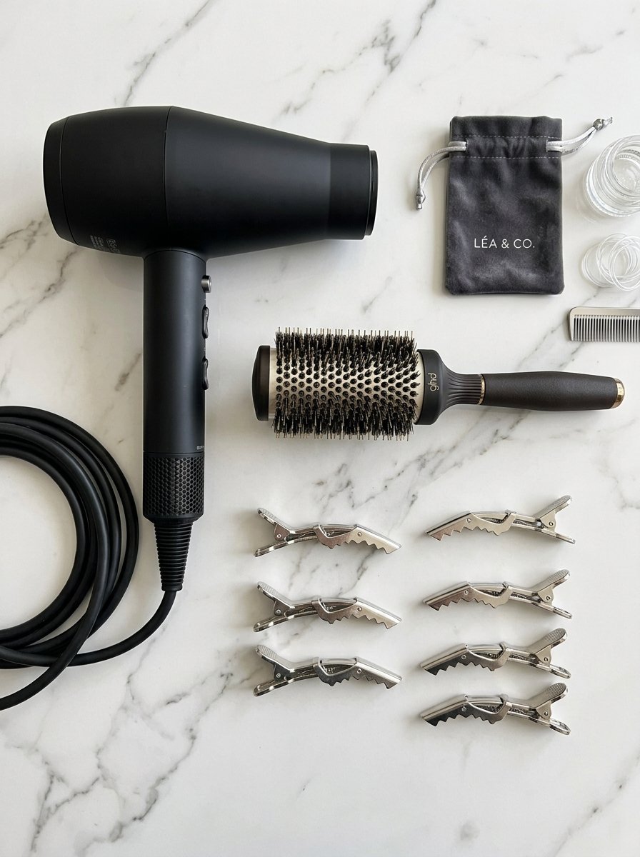 Professional black hairdryer, GHD round brush, hair clips, and hair accessories on a white marble surface.