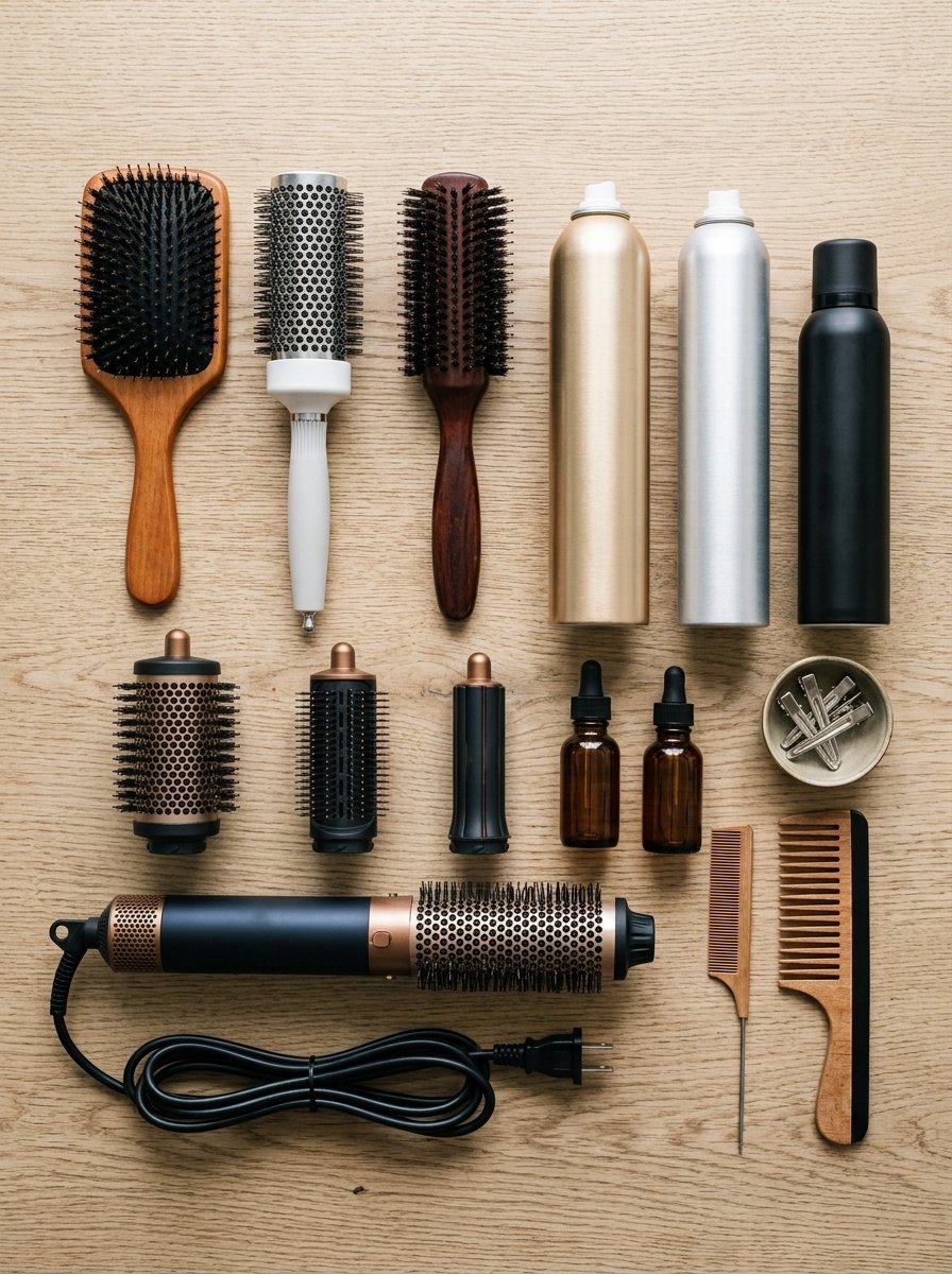 Top-down view of various hairbrushes, hairspray cans, essential oil bottles, and combs on wooden background.
