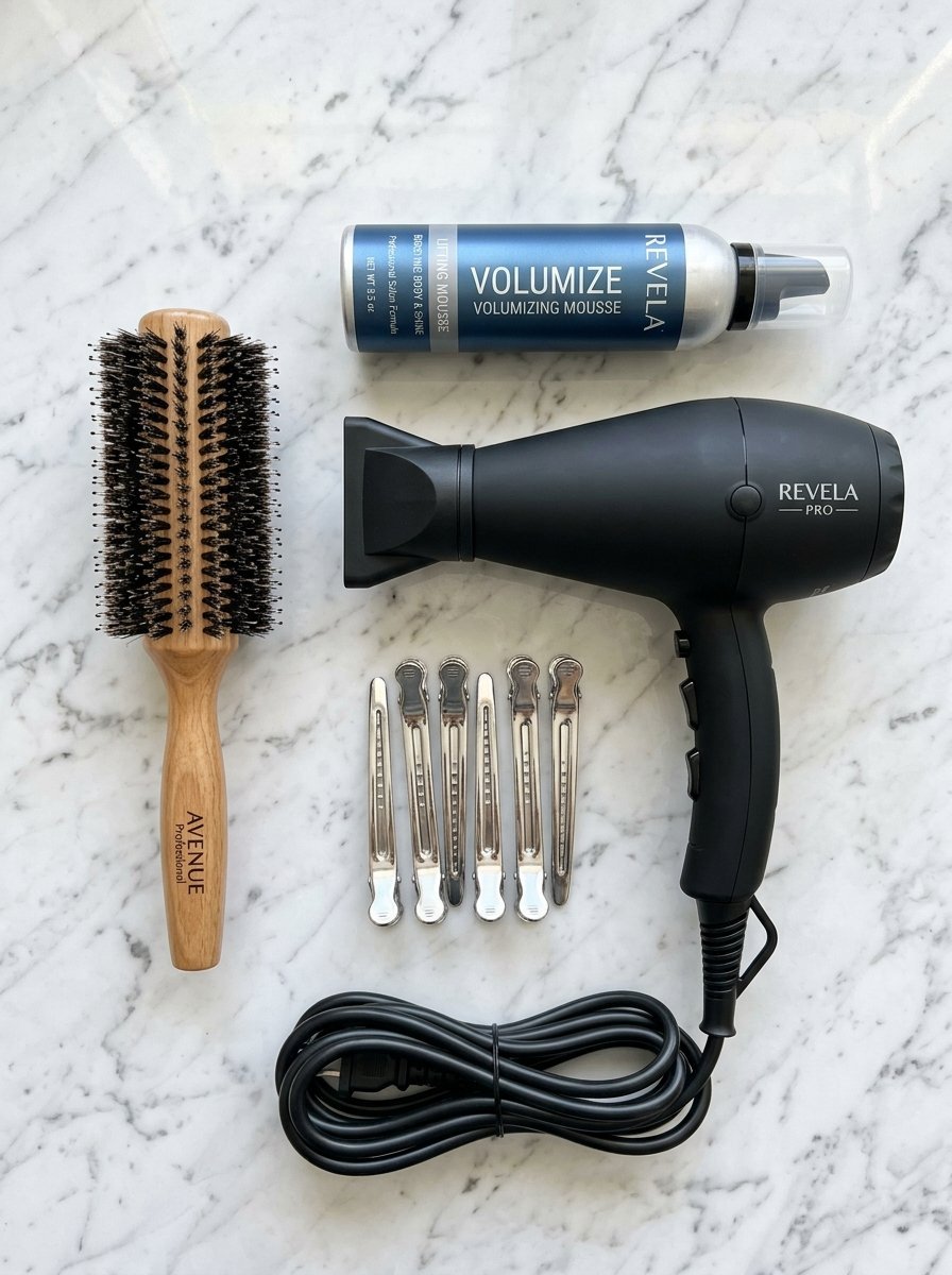 Hair dryer, round brush, mousse canister, and silver clips arranged on a marble surface.