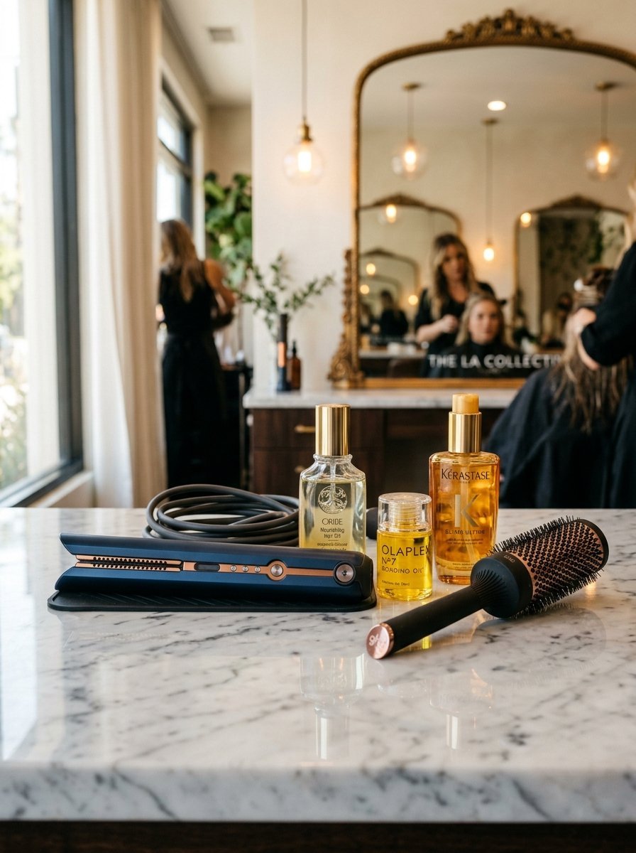 A hair straightener, round brush, and bottles of Olaplex and Kerastase oil on a salon station.