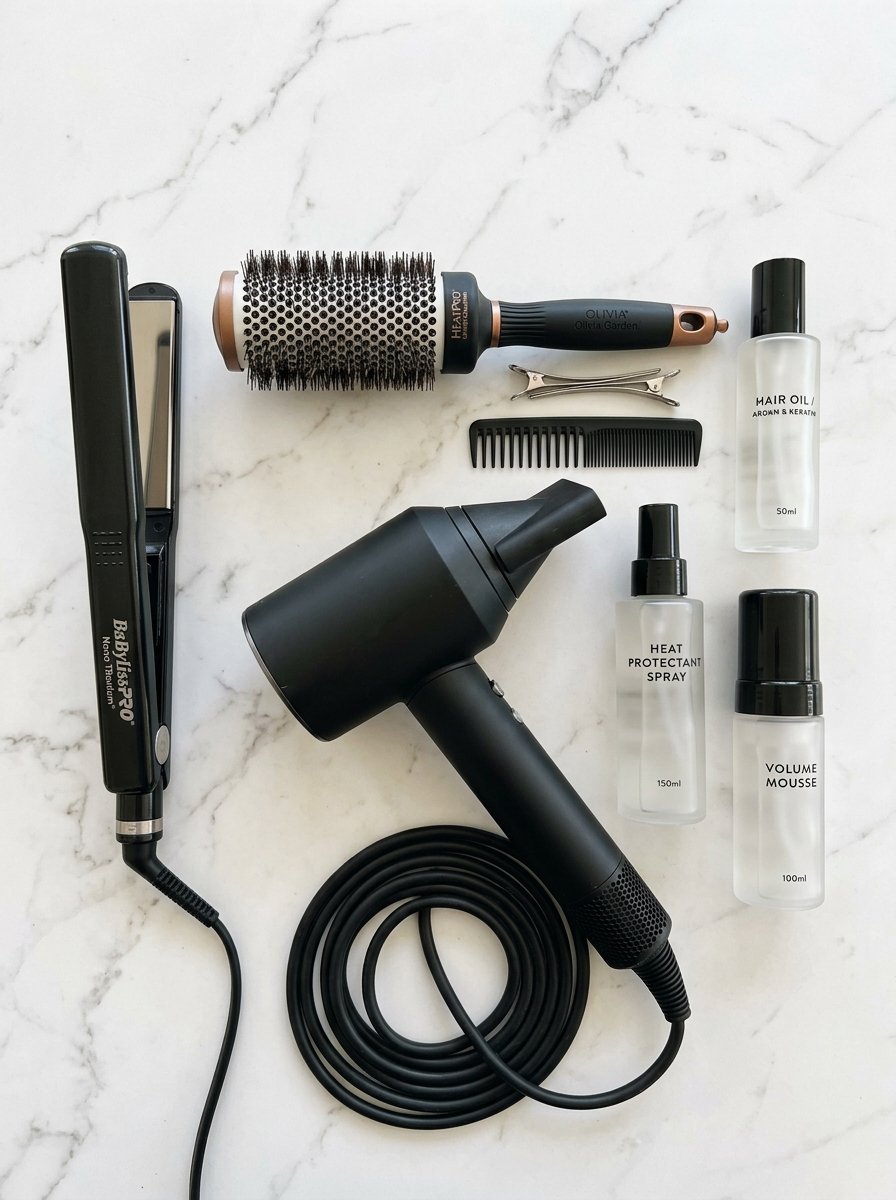 Collection of black hair styling tools including a dryer, straightener, round brush, and bottles on marble.