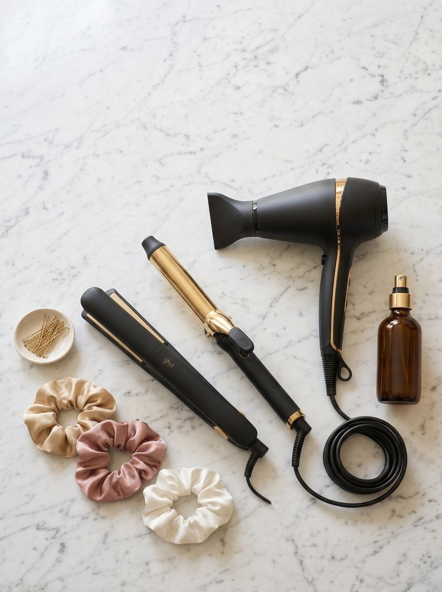 Black and gold hair dryer, flat iron, curling wand, hair ties, and hair pins arranged on a white marble countertop.