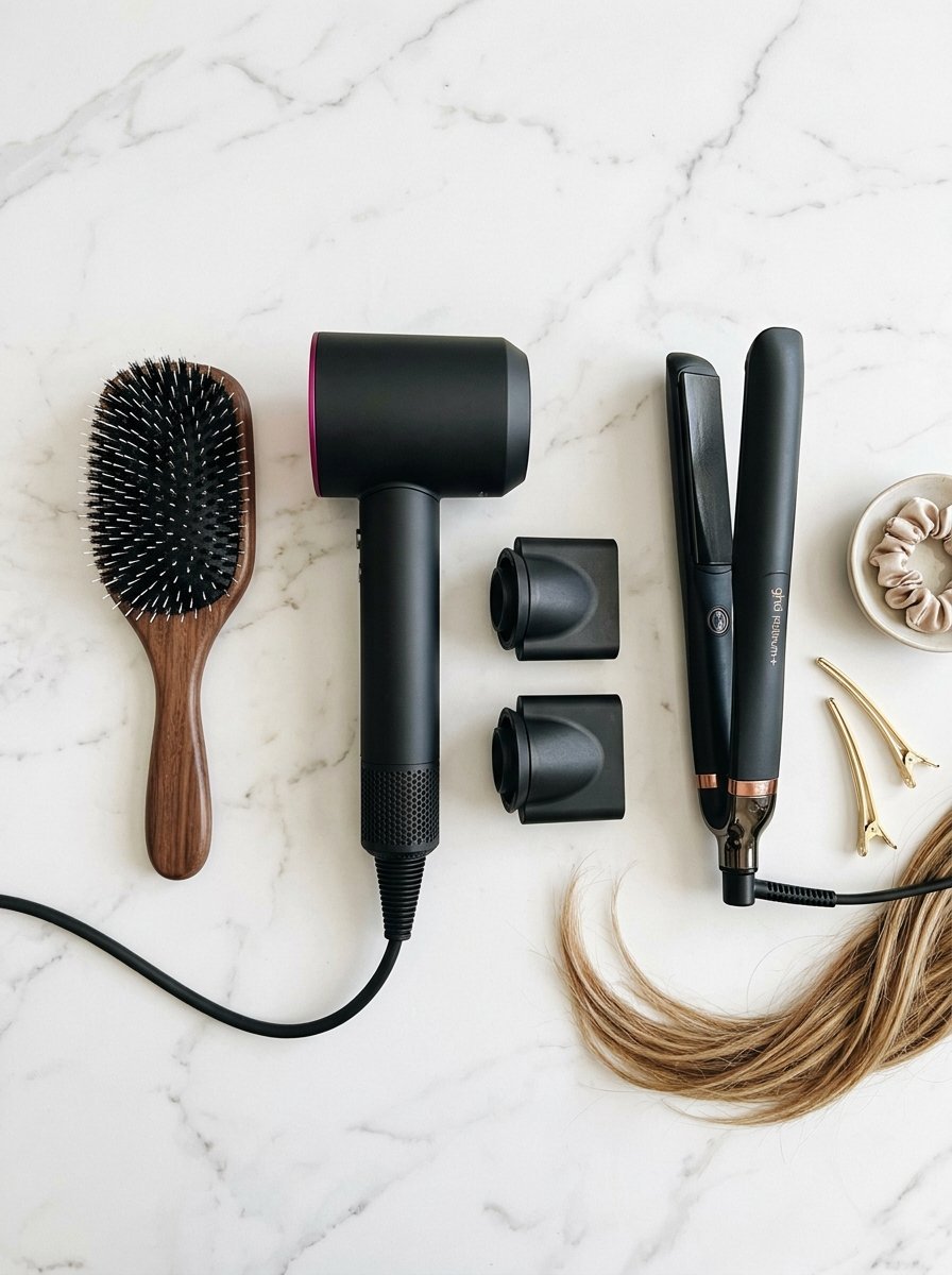 Hair dryer, straightener, brush, and accessories laid out on a white marble surface.