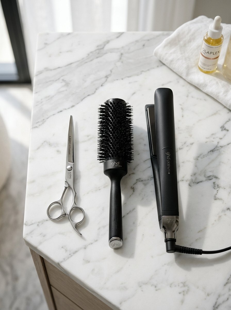 Silver hair scissors, black ghd round brush, and ghd hair straightener arranged neatly on a white marble surface.