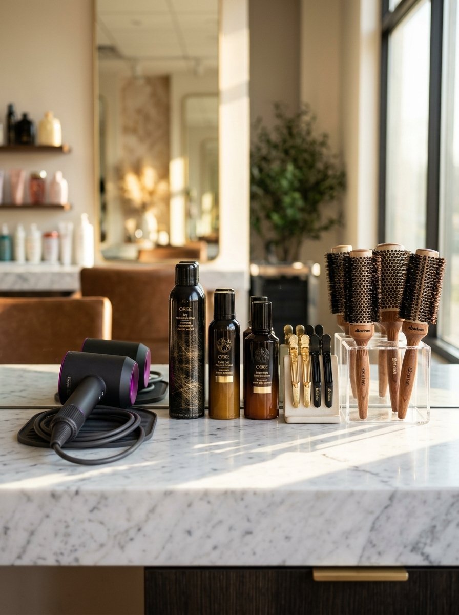 Professional salon supplies including Oribe hair products, a Dyson dryer, and round brushes on a marble table.