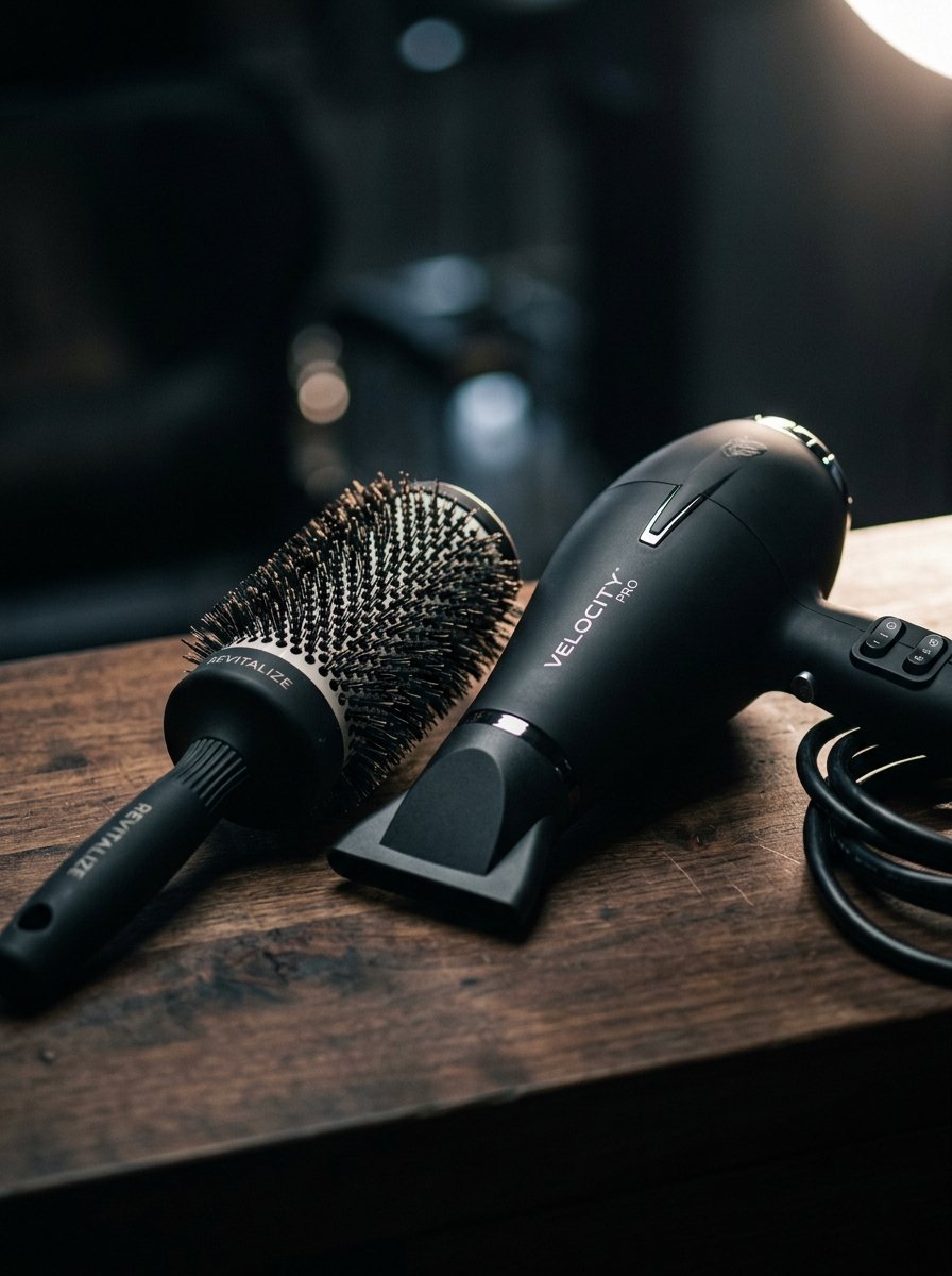 Close up of a black hair dryer and a Revitalize round hair brush resting on a dark rustic wooden surface.