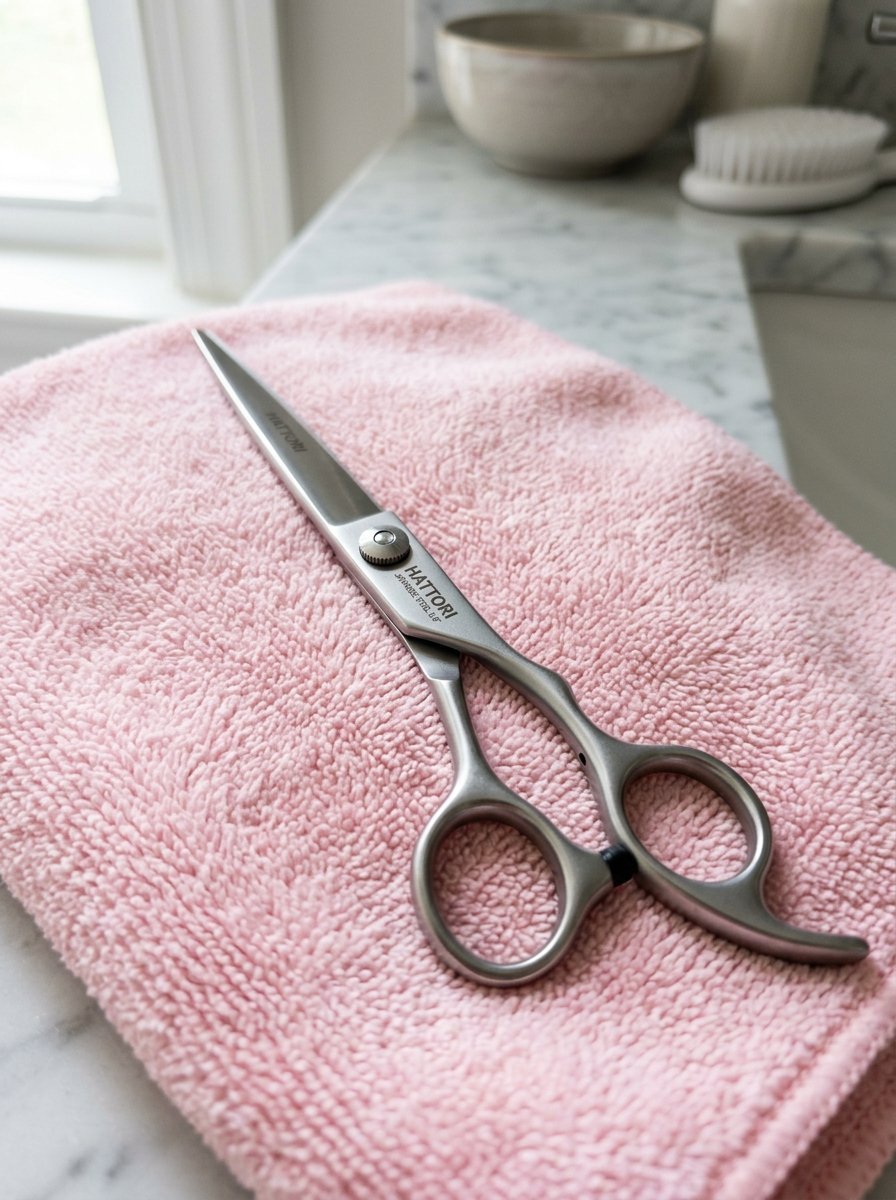 Professional metal hair styling scissors resting on a folded soft pink textured towel in a bathroom.