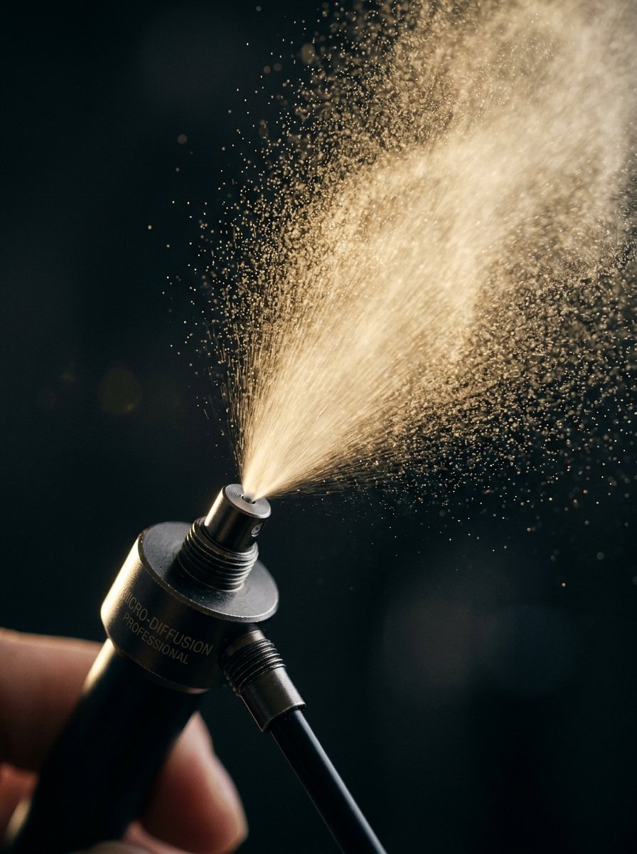 Close up of a black spray device emitting a sparkling aerosol cloud against a dark background.