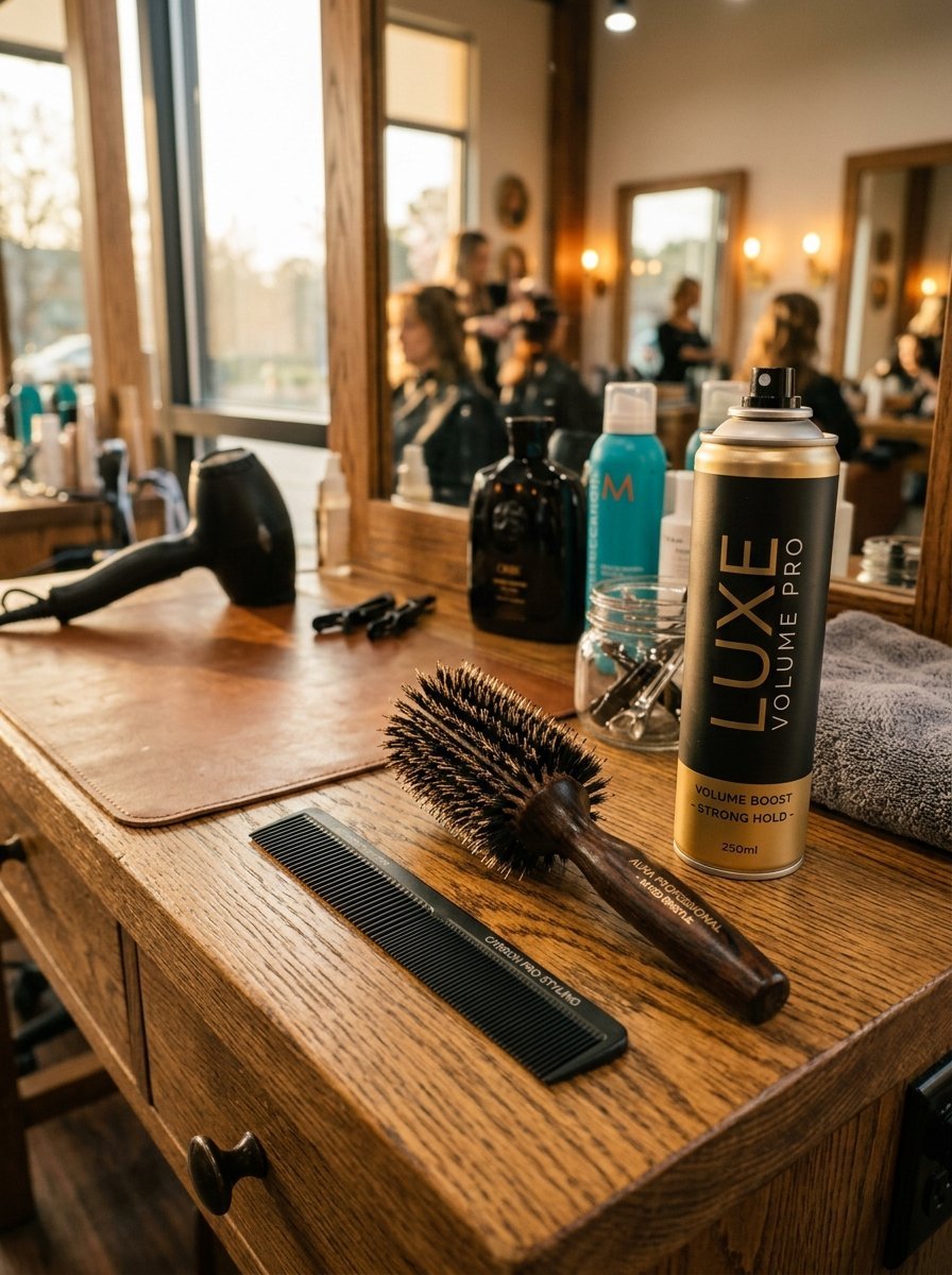 A round brush, black comb, and Luxe Volume Pro hairspray on a wooden salon workstation.