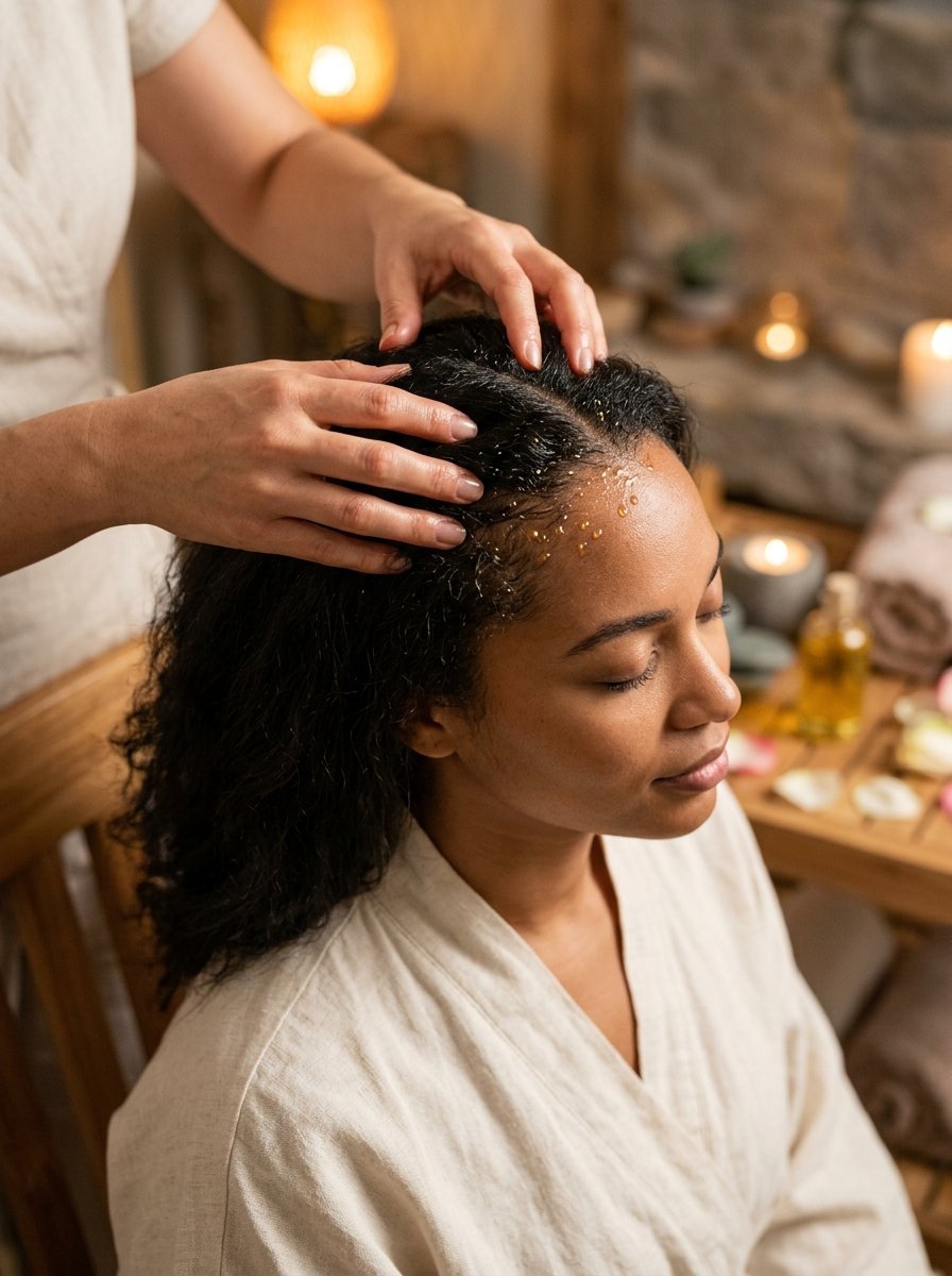 A therapist massages oil into a woman's scalp during a relaxing spa hair treatment.