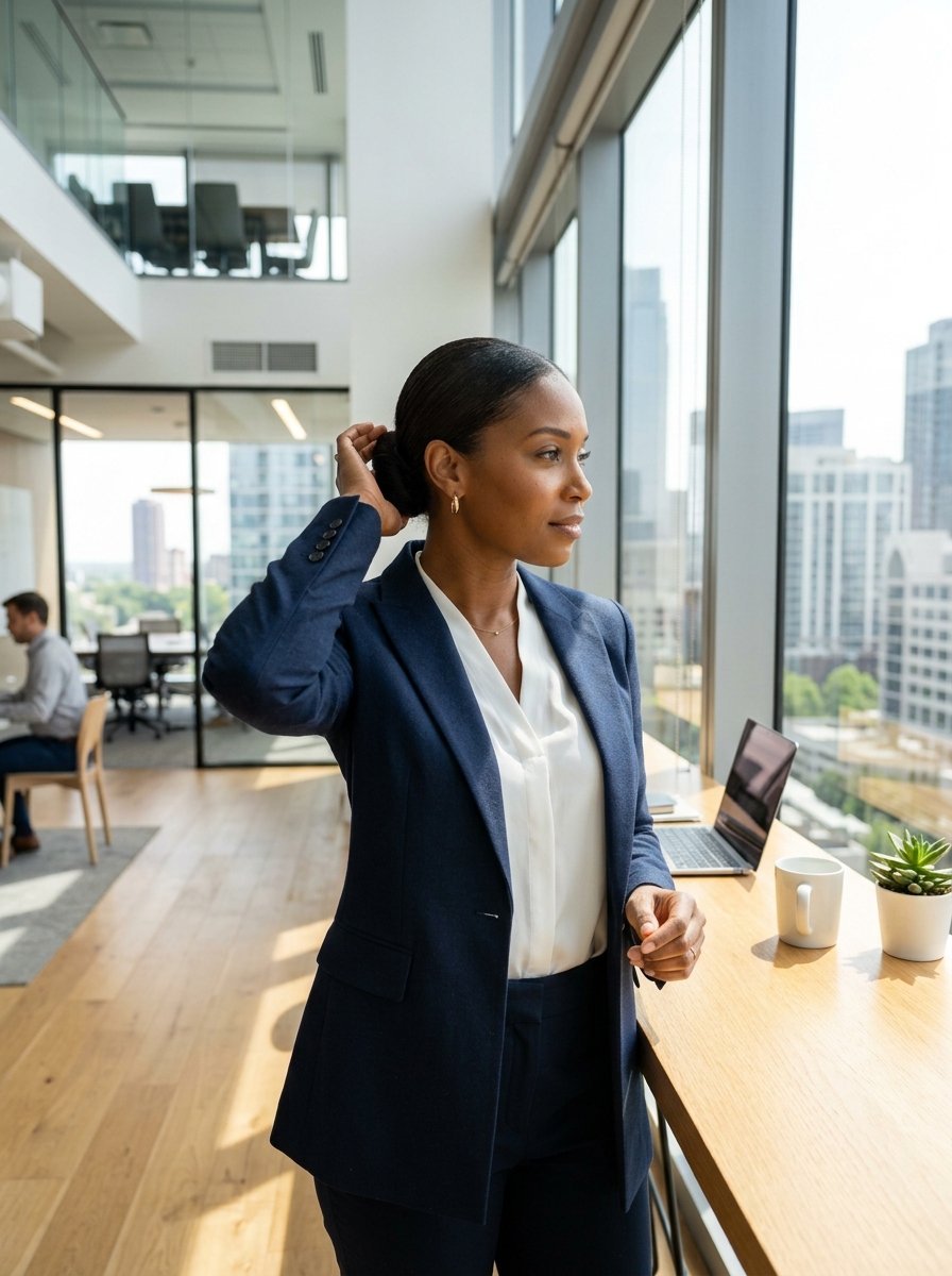 A business woman with a sleek bun adjusting her hair while standing at a high desk in a modern corporate office.